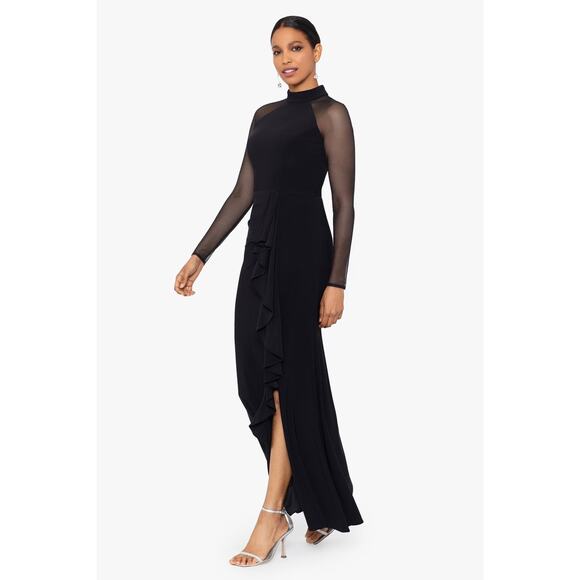 Betsy & Adam Illusion Mesh Long Sleeve Scuba Gown 14 $249 Gala Formal Event - Picture 3 of 11